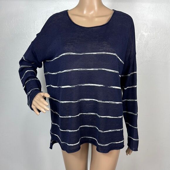 Eileen Fisher Organic Linen Navy Blue White Stripes Long Sleeve Top Size S - Picture 1 of 9